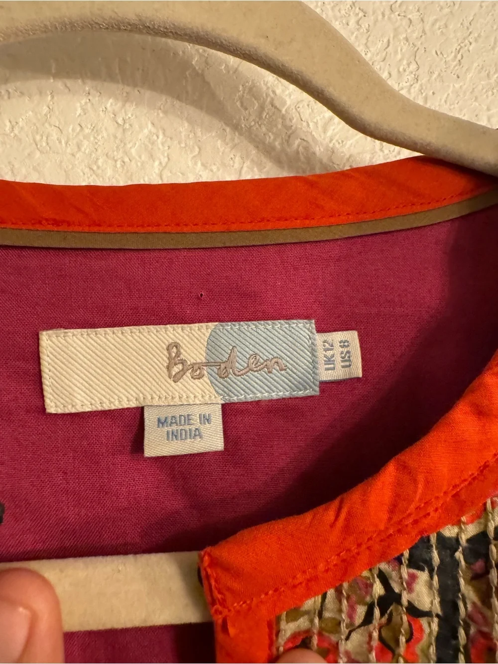 Boden Navy Jacket Orange Trim and Floral Yoke Embroidered Pink Lining Size 8